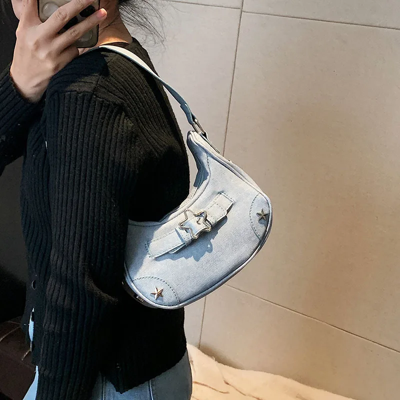 Women Shoulder Handbag Vintage Casual Hobos Denim Star Decor Solid Color Underarm Bag for Girls Ladies Purse Tote