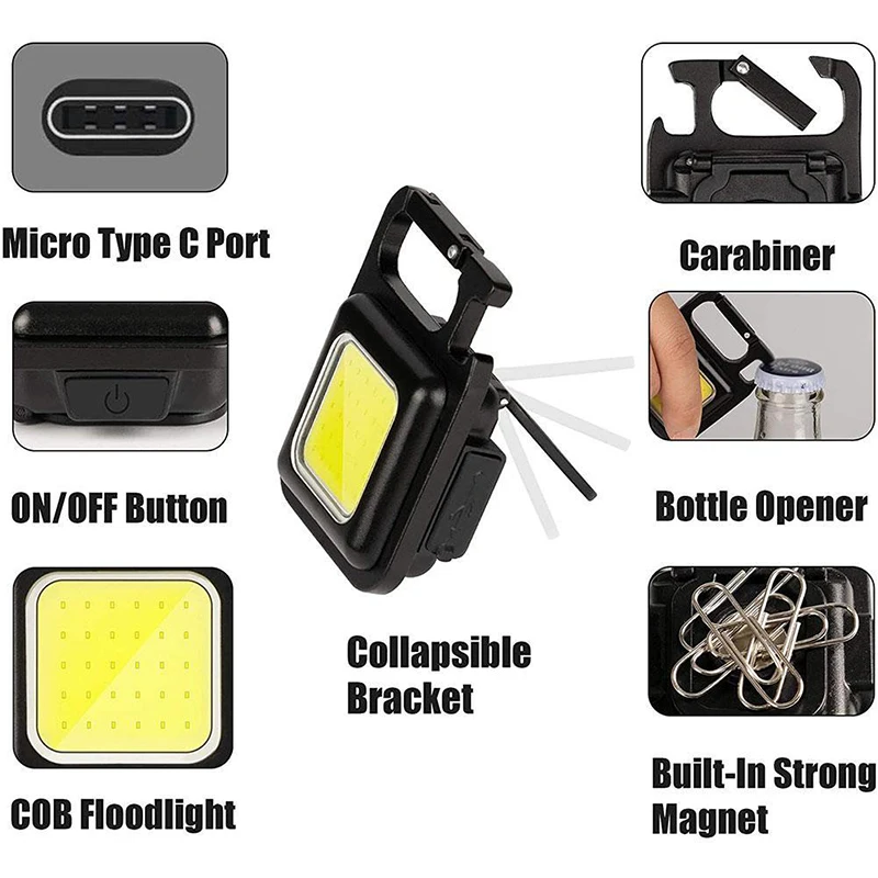미니 LED 작업 조명 휴대용 포켓 손전등, USB 충전식 키 라이트 랜턴, 야외 하이킹 캠핑 COB 랜턴