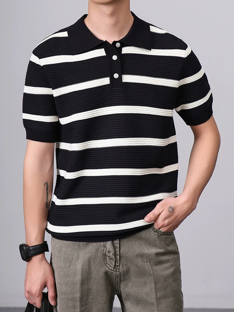 New Casual Striped Crochet Knit Polo Shirt Mens Summer Fashion Buttoned Polo Neck Knitted Tops Men Stylish Short Sleeve Jumpers 8 S97e5775dcf1a4882b5e4ae73e2fc4581B