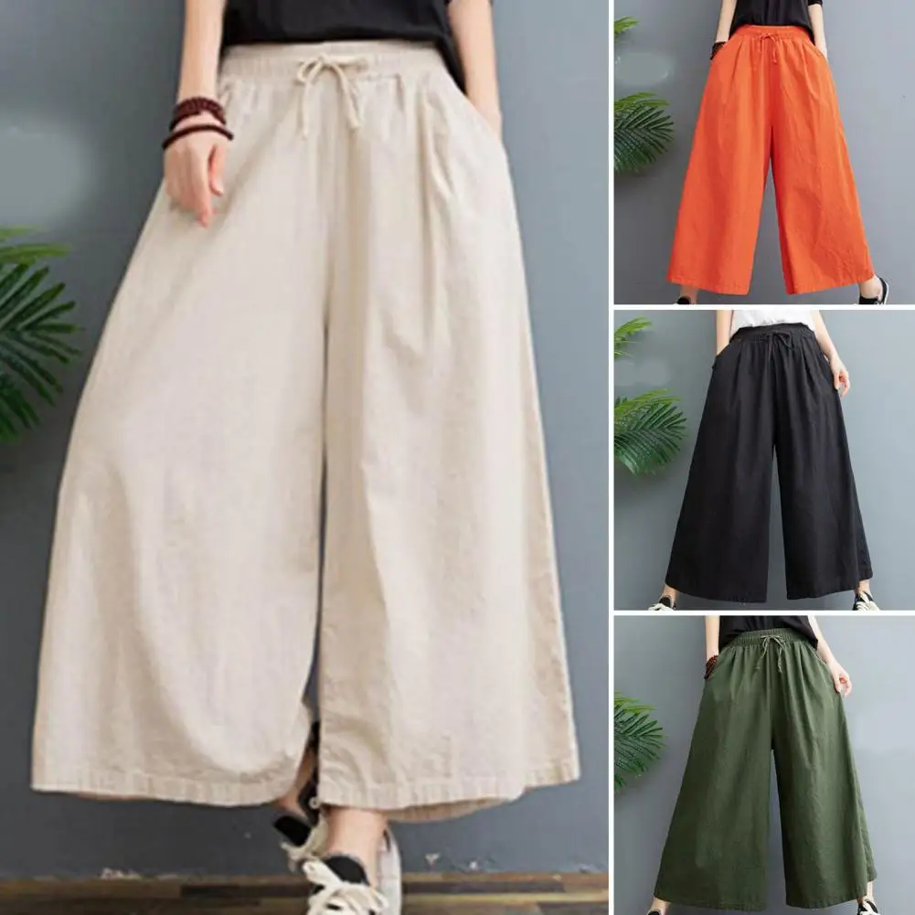 Elastic Waistband Drawstring Slant Pockets Ninth-Length Woman Pants Women Casual Straight Oversized Wide Leg Cropped Trousers jeans white purple crop casual straight tube pants baggy jeans casual wide leg pants full length women pockets pants