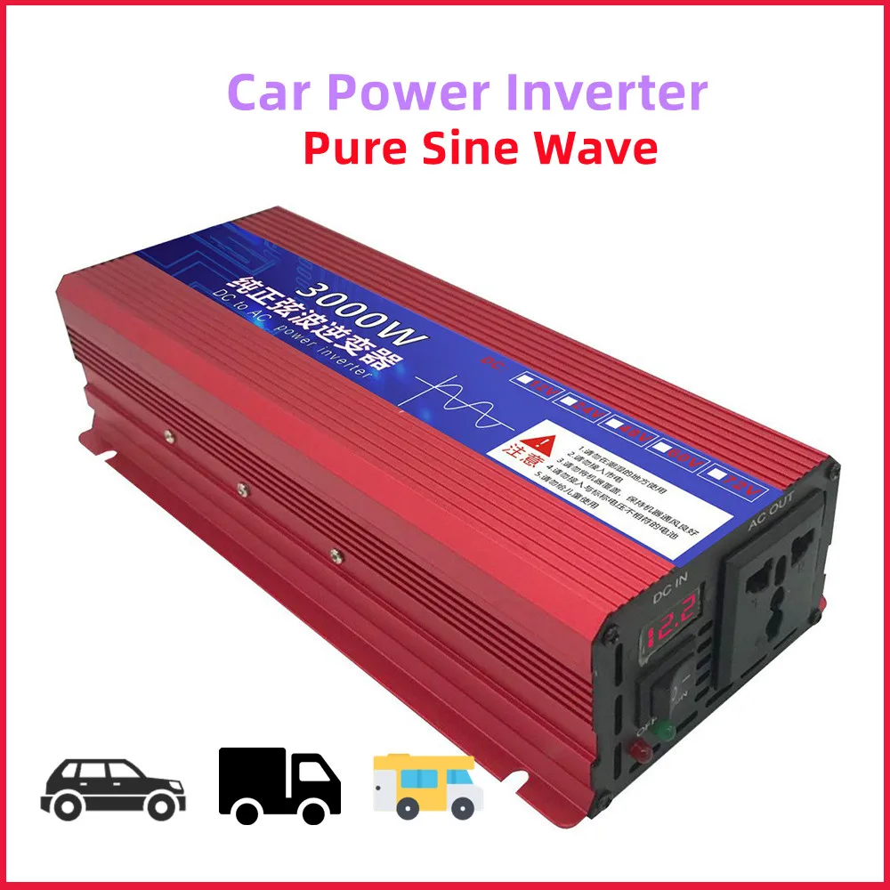 

1600W/2200W/3000W Solar Power Inverter Red DC 12V/24V To AC 220V W/ Universal Socket PURE SINE WAVE Portable Car Power Inverter