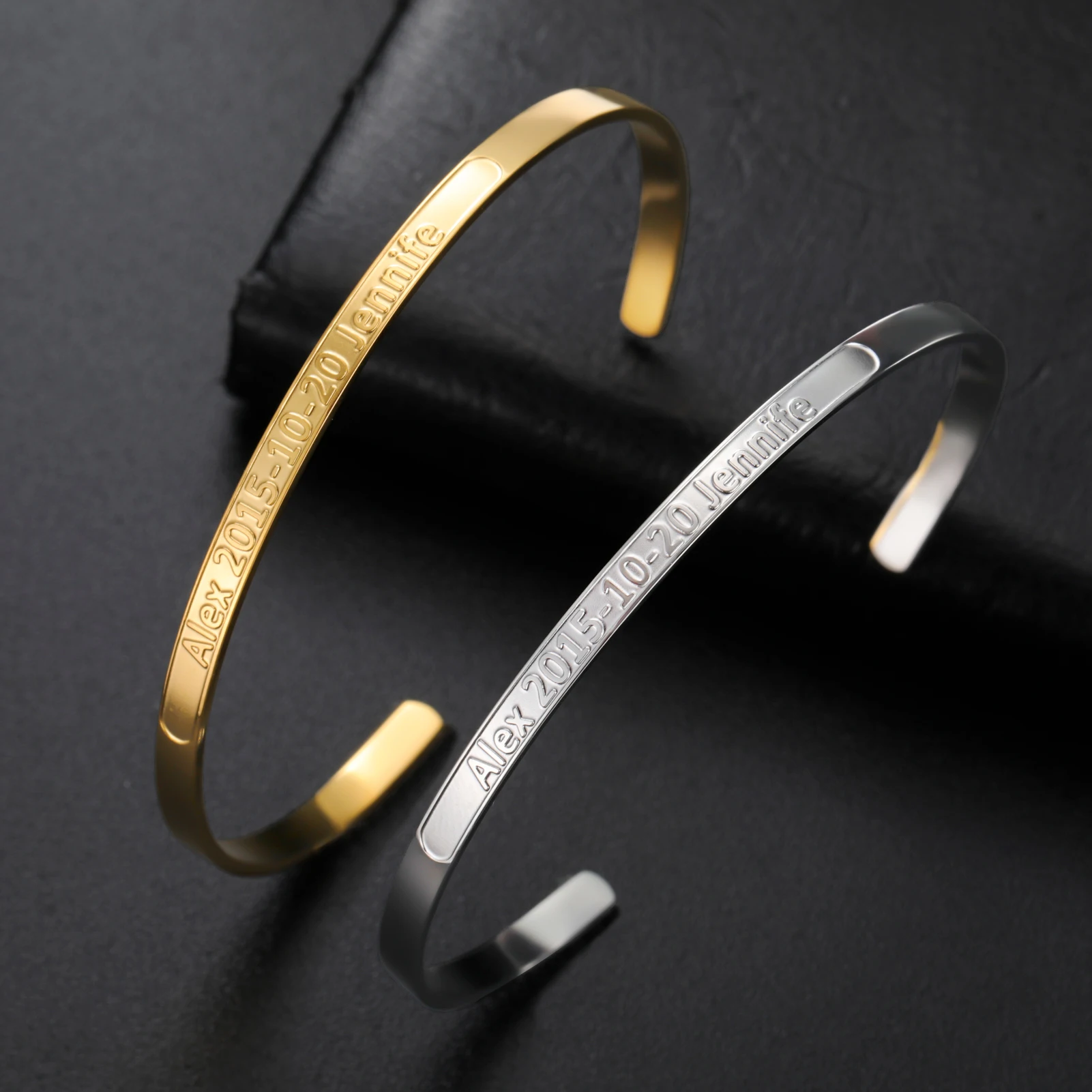 Couple Name Text Engrave Custom Bangle Personalized Bracelet Cuff Gift for Women Men Family Friend Metal Stainless Steel Jewelry