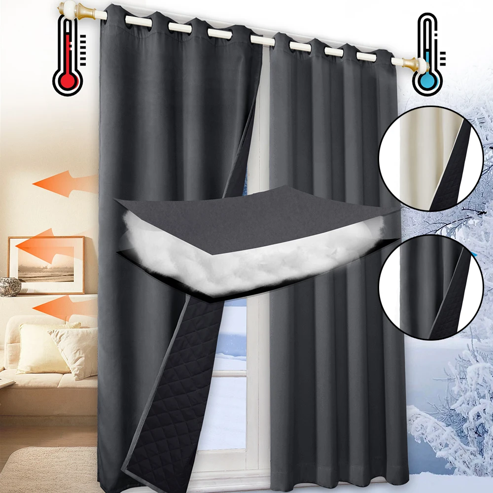 Heavy Duty Quilted Curtains Panel Living Room 100% Blackout Curtains Eyelet Heat Blocking Winter Keep Warm Thermal Window Drapes