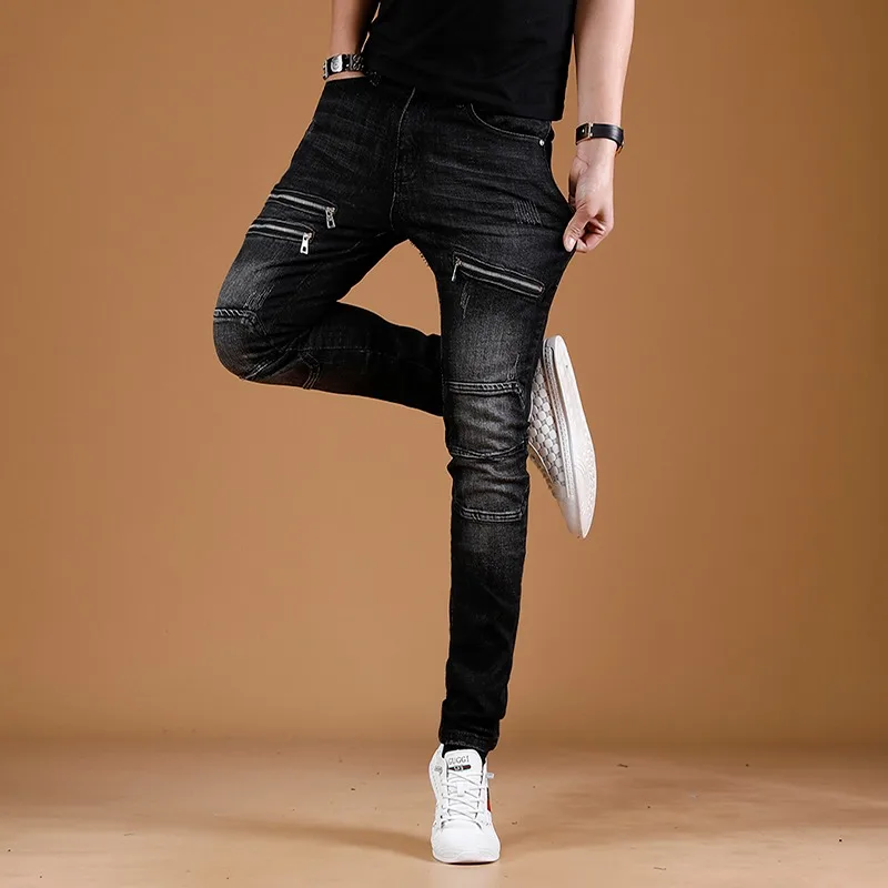 Casual Patchwork Zipper Black Jeans Men Streetwear Slim Fit Pencil Pants Cotton Stretch Denim Trousers