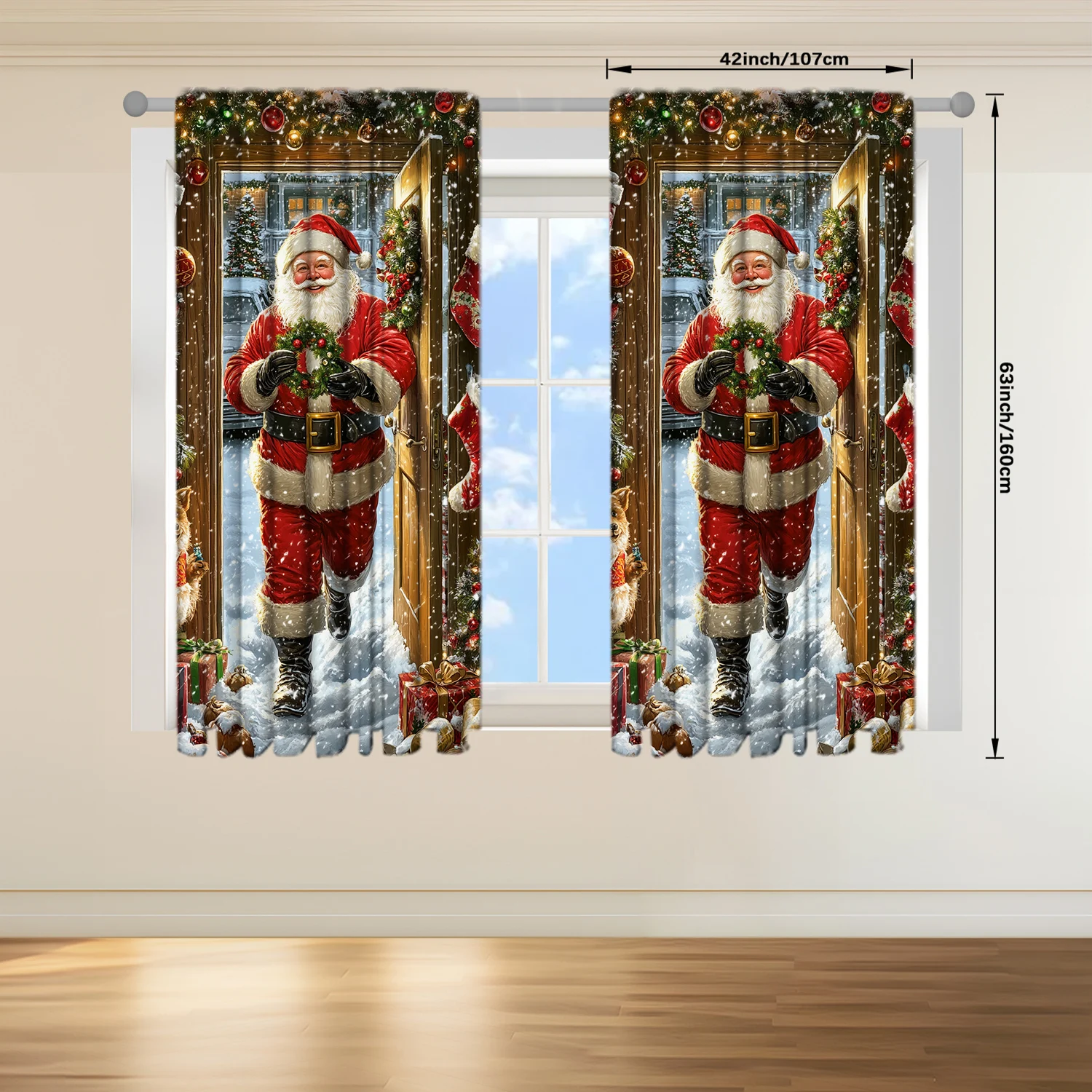 Description Picture 6 of item2pcs Santa Claus Is Here Printed Curtain for Christmas Home Decor - Rod Pocket Window Treatment for Bedroom, Office, Kitchen