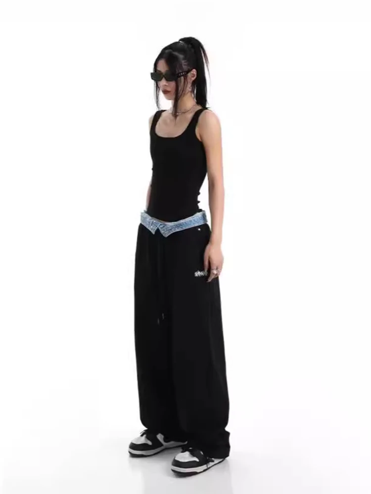 HOUZHOU Hip Hop Grey Sweatpants Women Sports Pants Button Jean Elastic Waist Pants Loose Trousers Y2K Casual Sportwear Joggers