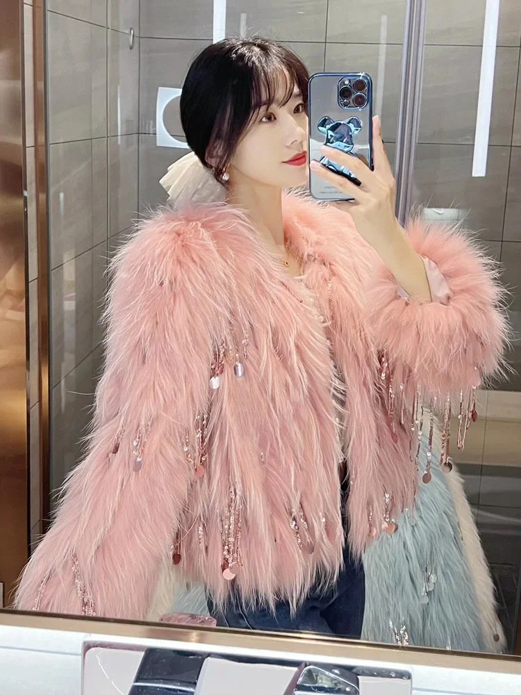 Fashion Korean Style Round Neck Long Sleeve Women's Fox Fur Fur Coat Winter Short Elegant Commuter Sequined Tassel Faux Fur Coat