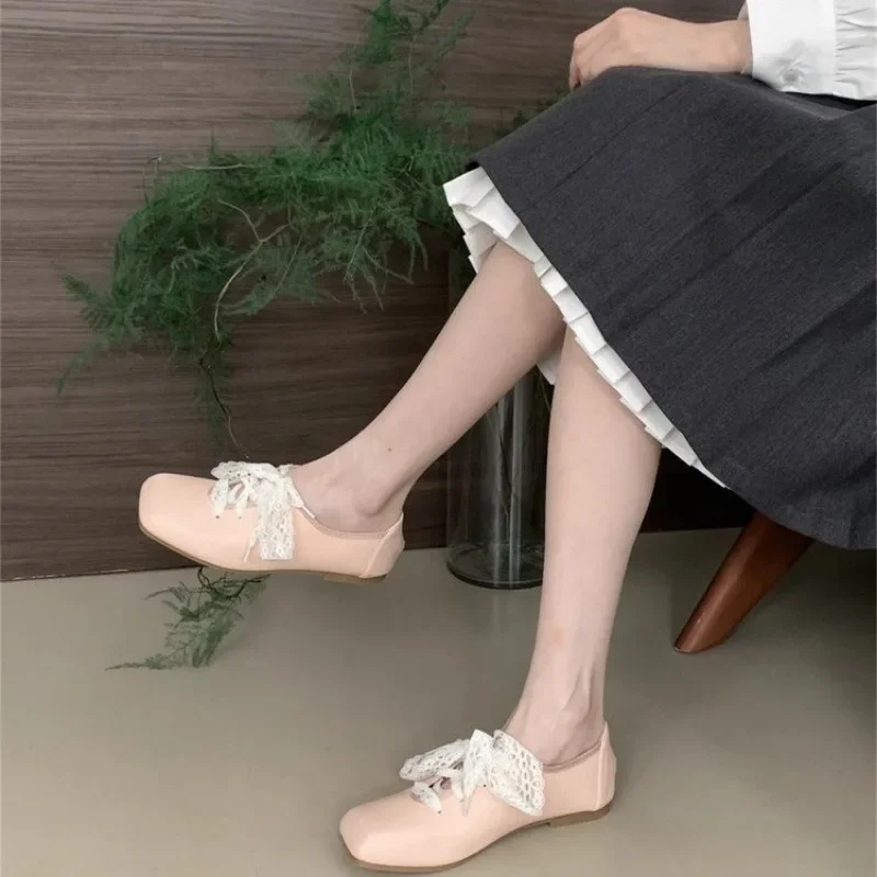 Women's Flat Shoes Lace Square Toe Soft Leather Surface Shoes for Women Dress Autumn Spring Sweet Cool New Zapatillas De Mujer 5