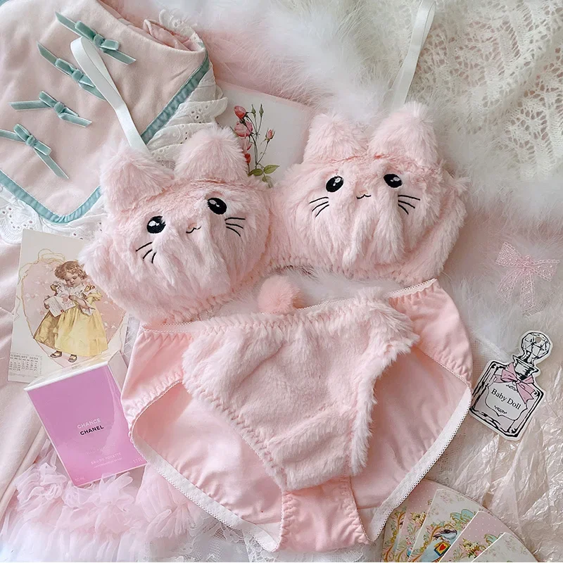 

Japanese Kawaii Soft Plush Student Lingerie Cute Girl Women Cartoon Embroidery Cat Bra Sexy Pink and White No Steel Ring Set