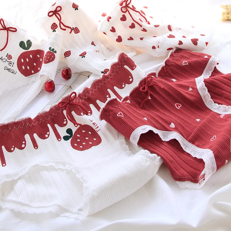 Cotton Panties Female Underpants Sexy Women Underwear Soft Lingerie Lace Up Briefs Strawberry Hearted Printed Pantys women panties
