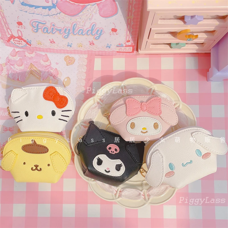 Hello Kitty Sanrio Bag Cinnamoroll Kuromi My Melody Coin Purse Kawaii Pompom Purin Wallet Children Toys Card Holder Girls Gifts plush coin purse wallet keychains