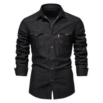 Elastic Cotton Denim Shirt Men High Quality Men Long Sleeve Solid Color Pocket Shirts For Men Casual Slim Fit Men's Clothing 4