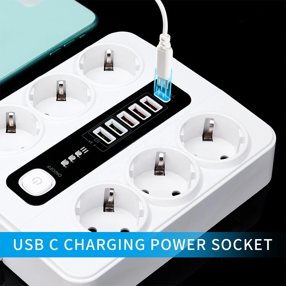 3000W EU Plug Strip Socket USB Power Strip USB Charge Station Adapter 6 AC Outlets Power Strip With Switch Extension Socket