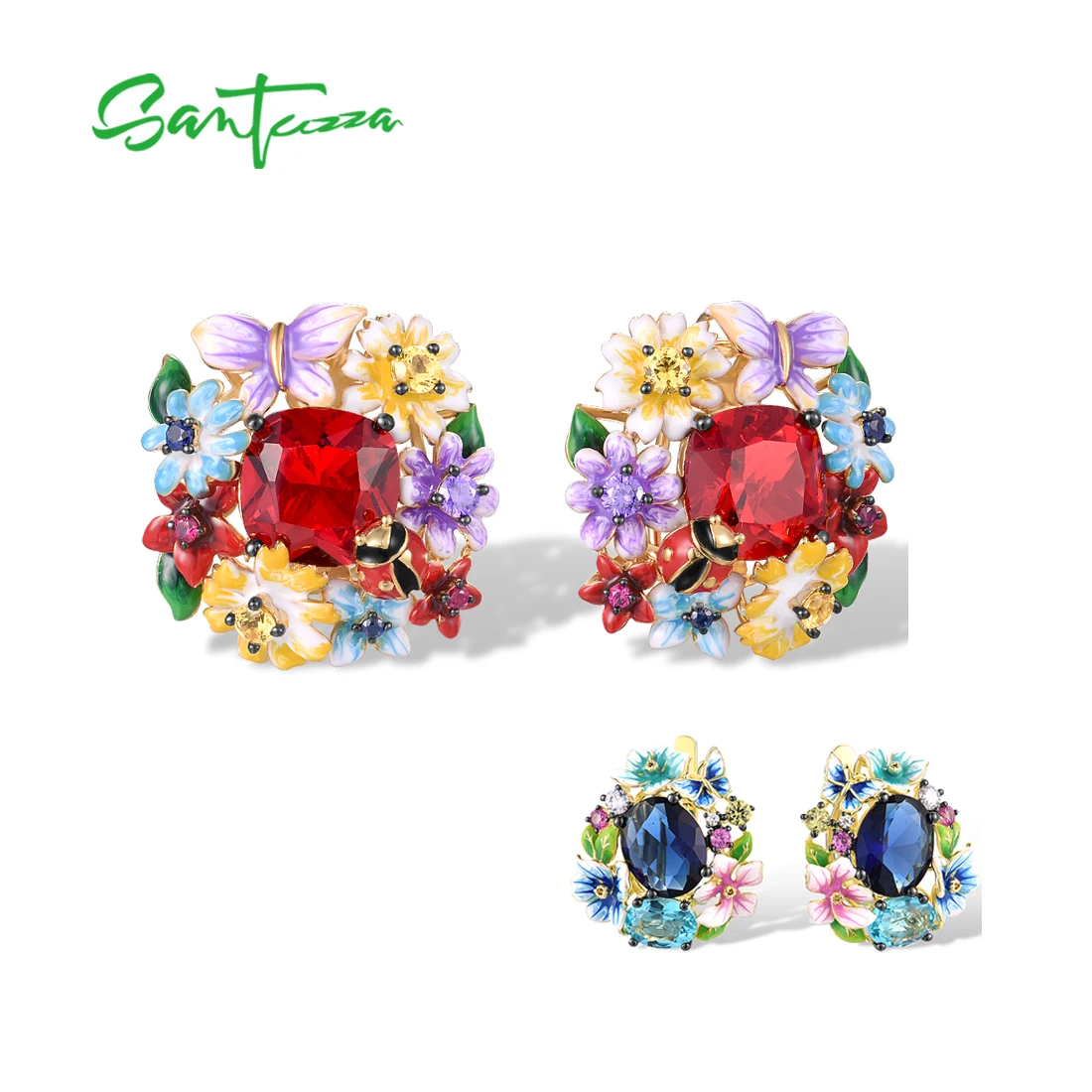SANTUZZAPure925SterlingSilverEarringsForWomenRedStoneColorfulFlowersButterflyLadybugFineJewelryHandmadeEnamel-AliExpress36
