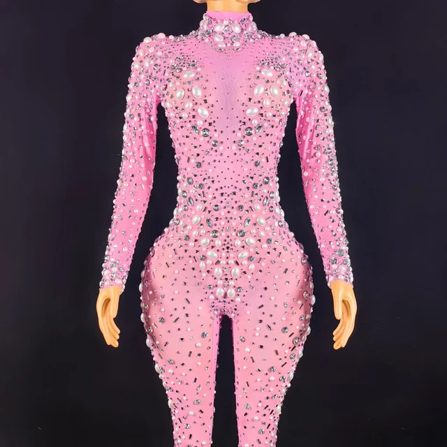 Mono Mujer Sexy Pearls Sequin One Piece Bodysuit Club Rompers Women Music Festival Outfits Ladies Skinny Rhinestone Jumpsuits 1