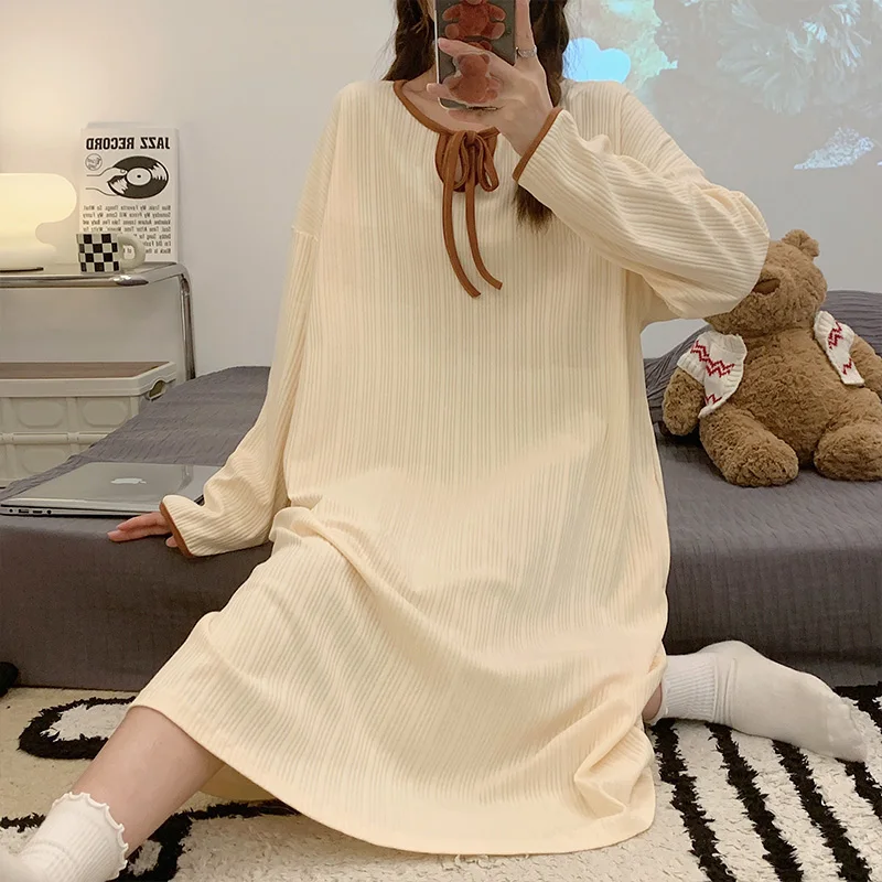 Autumn new knitted imitation cotton ladies long-sleeved long skirt striped cute sweet princess style casual nightdress home wear
