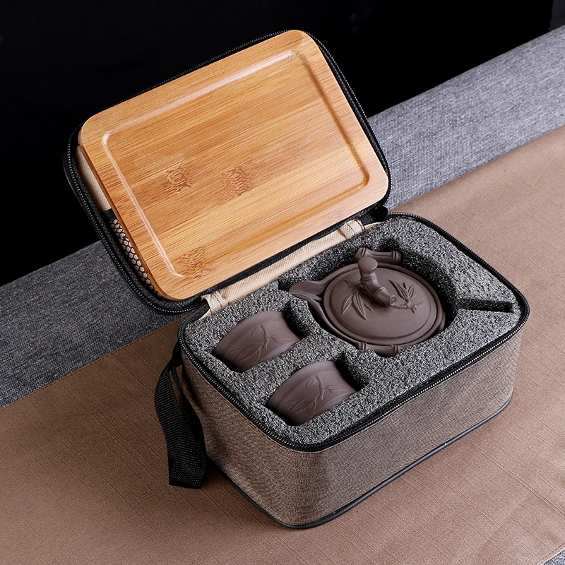 

Vintage Ceramic Purple Clay Teaware Set Office Master Tea Ceremony Drinkware 1 Teapot 2 Cups with 1 Bamboo Tray 1 Travel Bag
