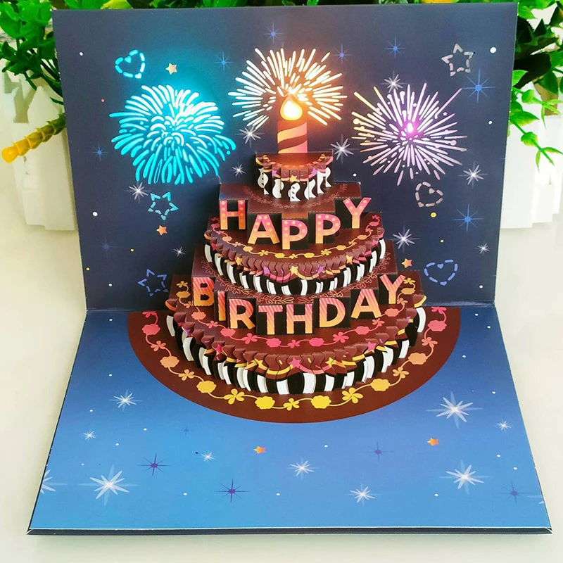 Greeting Cards 3D Pop Up Birthday Greeting Card With Lights Music Happy Birthday Card Firework Cake Gift For Wife Mom Kids