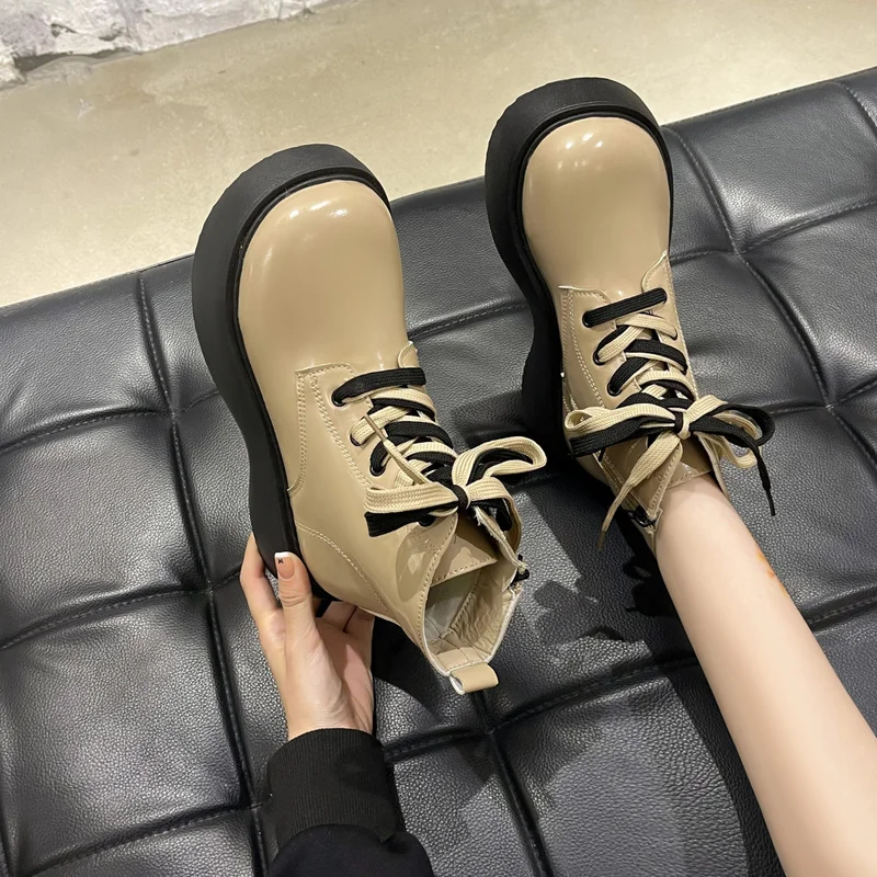 2023 Lace Up Ankle Boots Women Autumn Winter Chunky Booties Platform Motorcycle Boots Back Zipper Short Boots Thick Sole Shoes