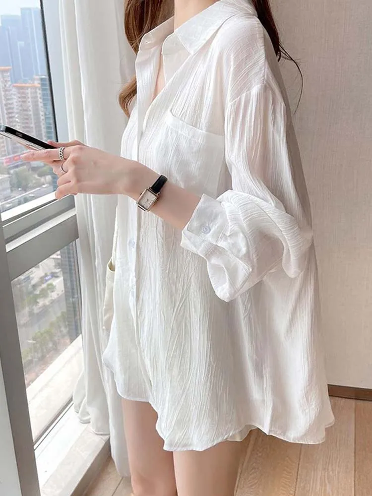 Korean-Style-Shirt-Women-Summer-Sunscreen-Blouse-Ladies-Ice-Silk-White ...