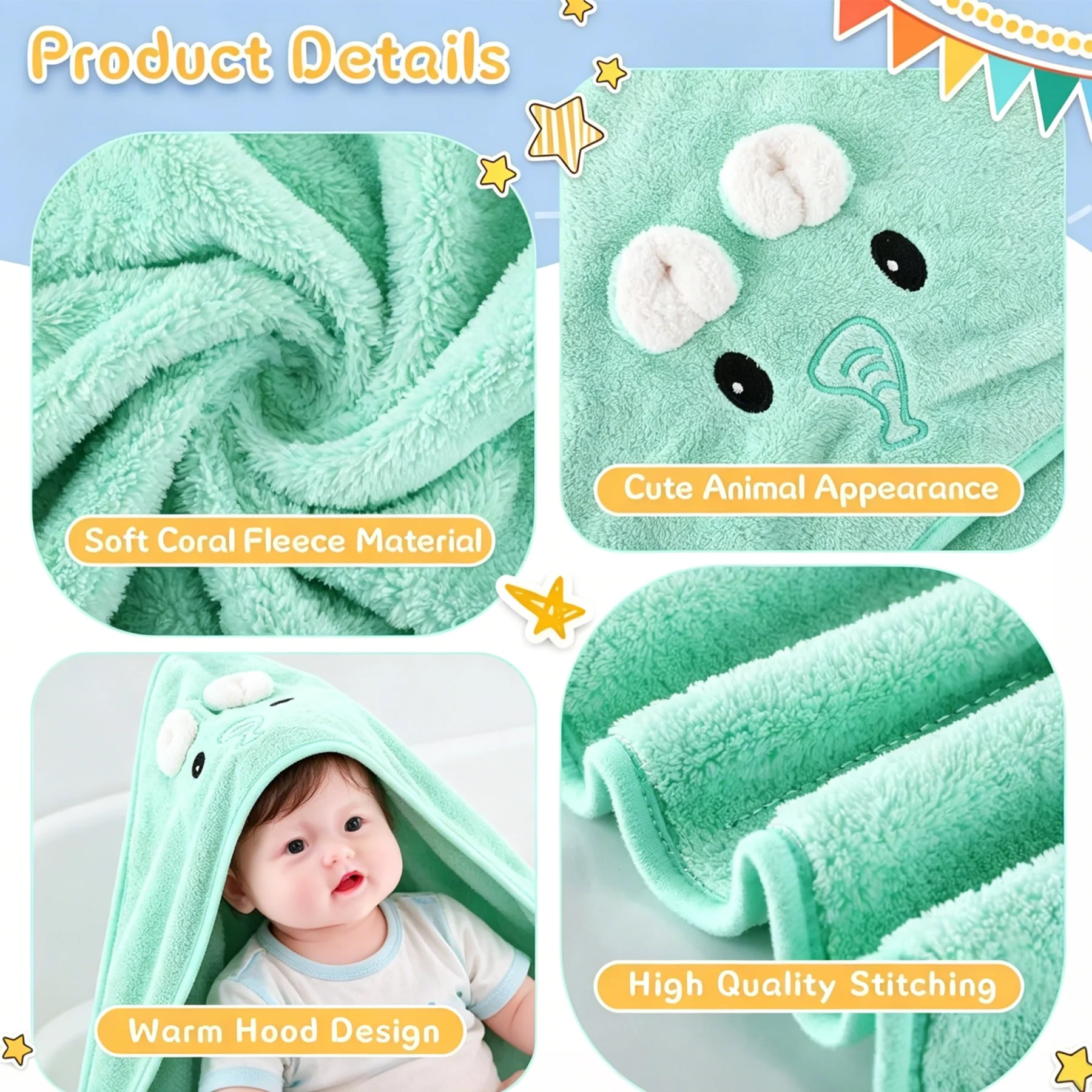Asciugamano da Bagno per Neonati con Cappuccio a Forma di Animale, Coperta per Bambini, Accessori da Bagno - immagine 6