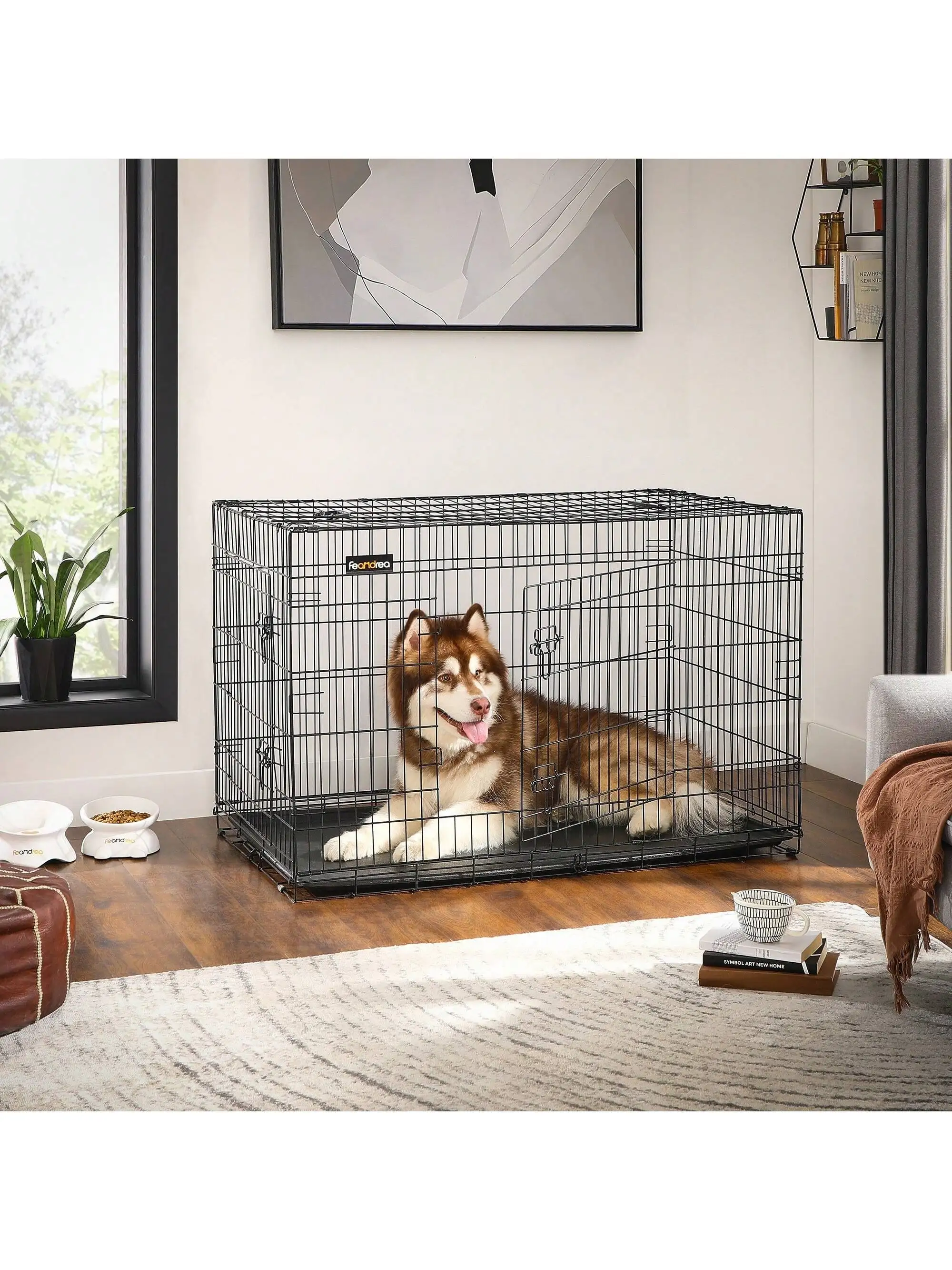 Gabbia Per Cani Pieghevole Feandrea XXL - 122x74.5x80.5 Cm, Nero, Con 2 Porte E Vassoio Rimovibile - Foto 5