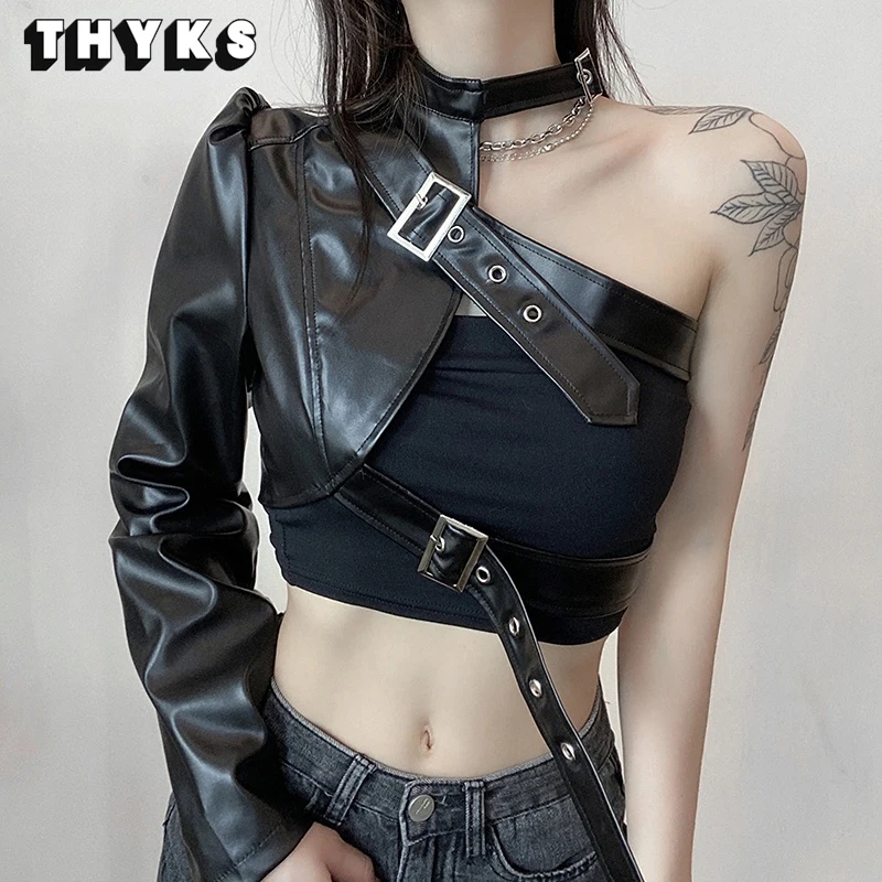 

Женская куртка на одно плечо, черная кожаная майка в уличном стиле, с пряжкой, в стиле панк, весна-осень