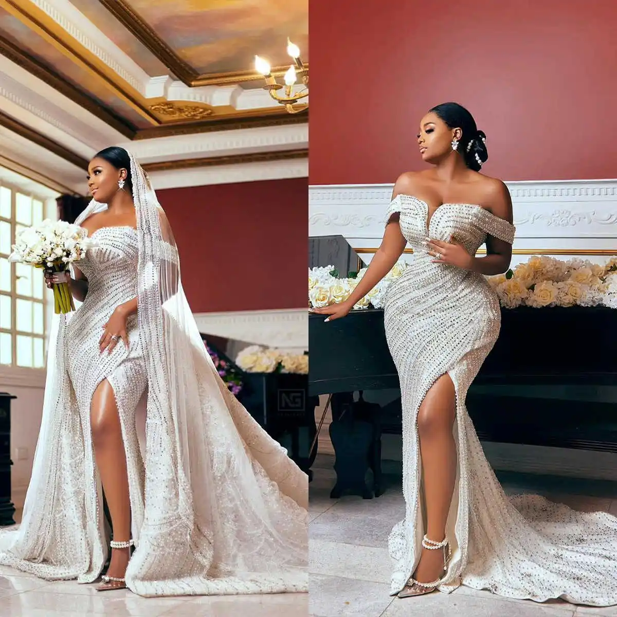 

Luxury Mermaid Wedding Dresses Crystal Pearls Bridal Gowns with Detachable Train Side Split Custom Made Bride Dress