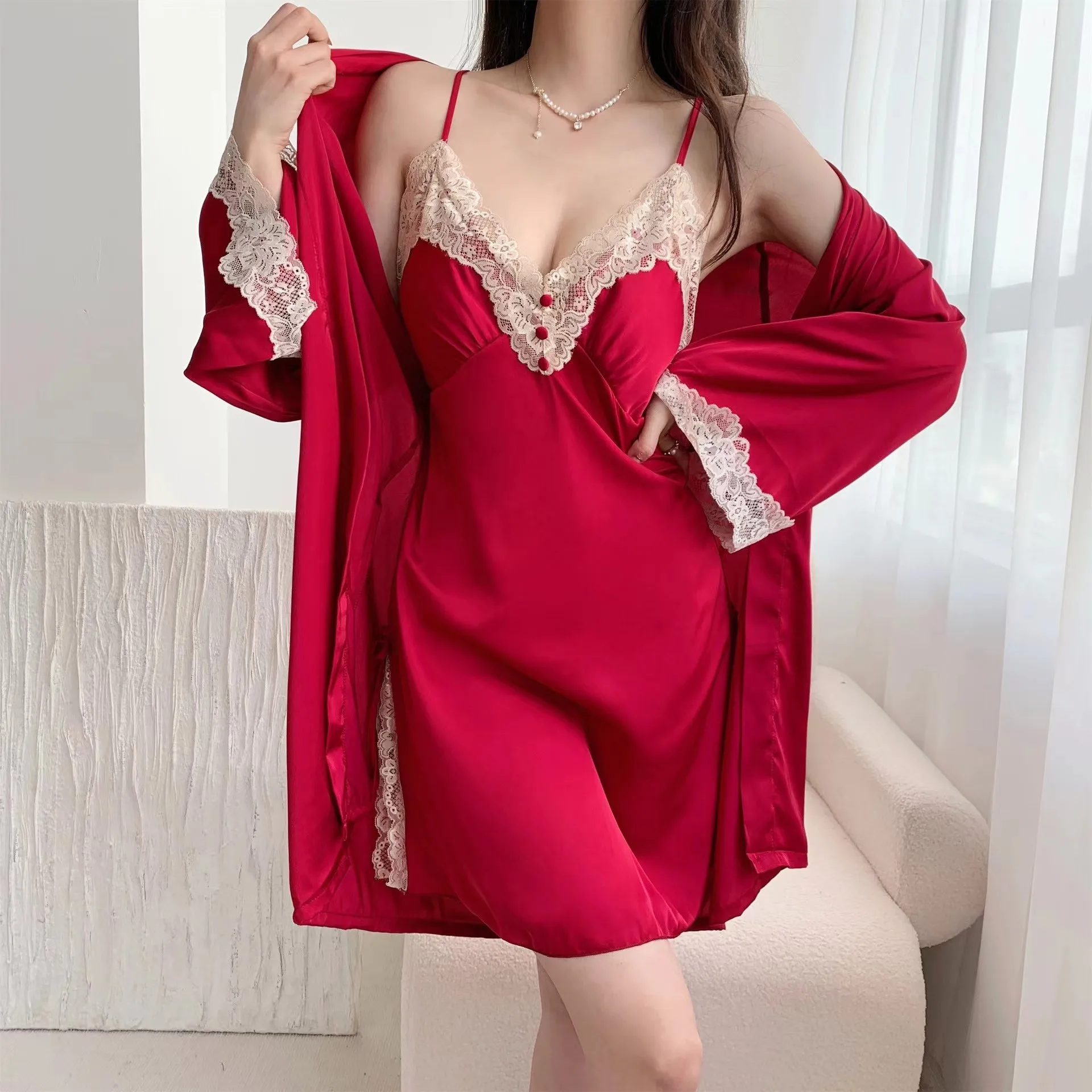 

2024 New Spring and Summer Pure Wind Home Dress Two-piece Set with Suspenders Nightgown Lace Lace Snow Silk Button Pajamas Set