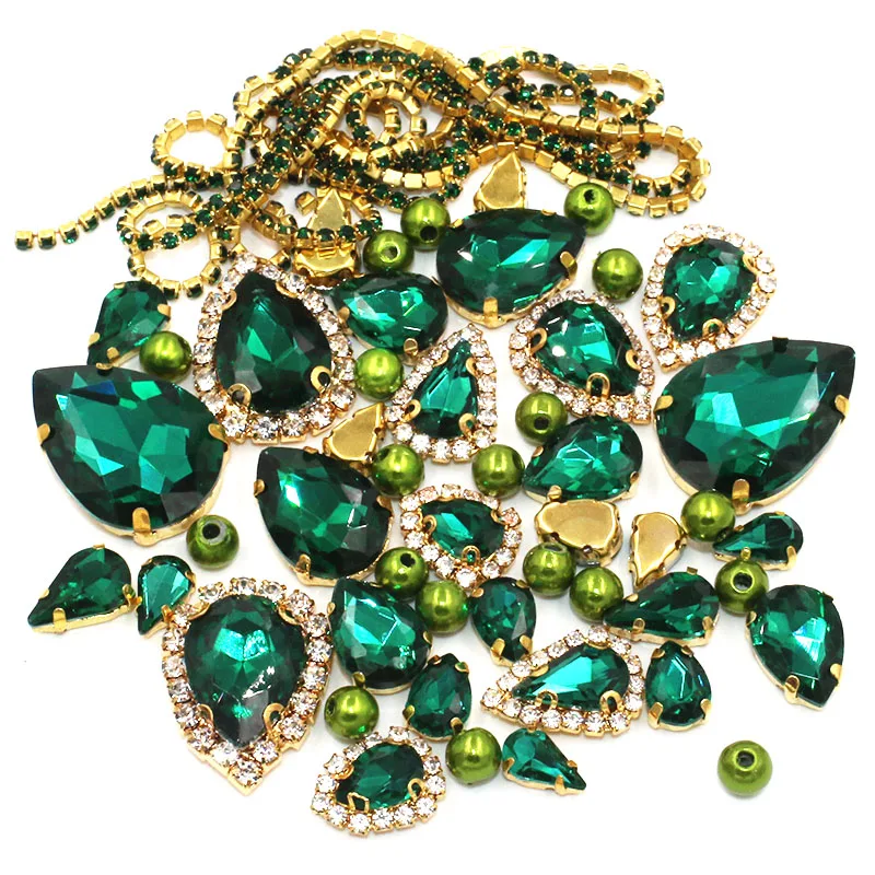 

Gold Claw Peacock Green 50pcs/Bag Mix Drop Shape Size Crystal Glass Rhinestones+Pearl+Cup Chain DIY Wedding Dress Jewelry Making