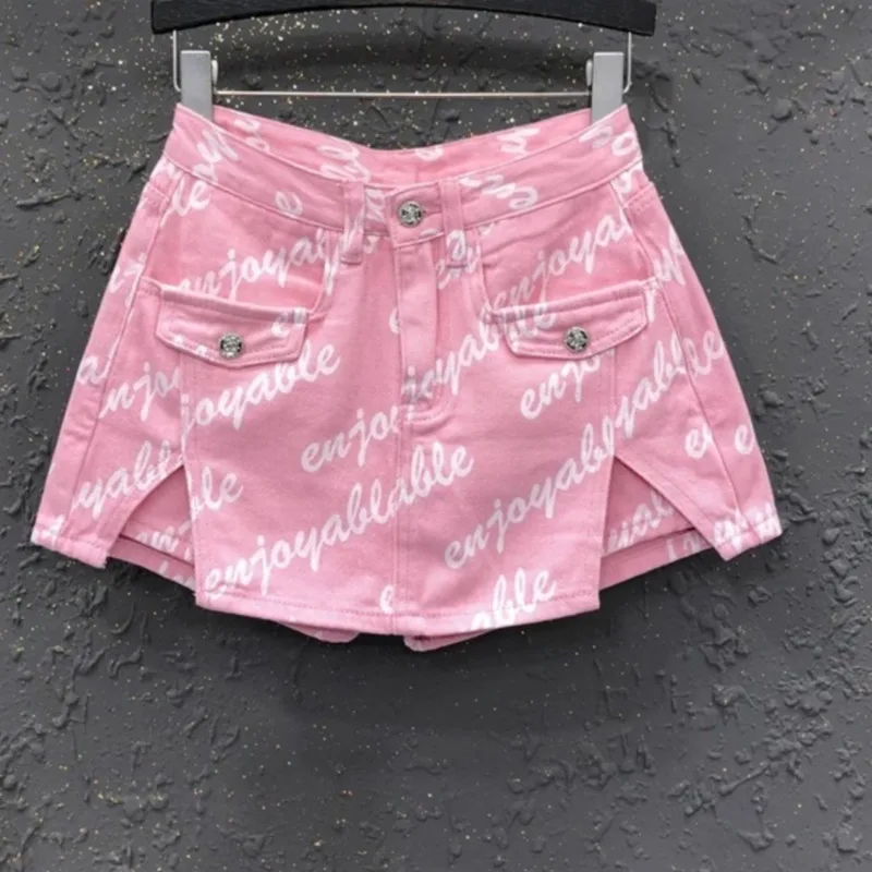 

Plus Size Pink Printed Denim Skirt Women's Spring Summer New High Waist Split A-Line Slim-Fit Sexy Spice Girl Hip Culottes