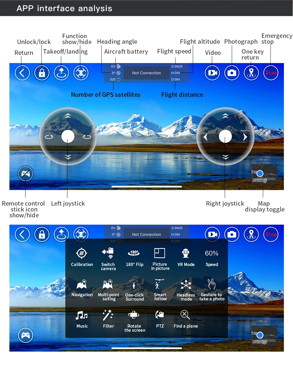 L800 Pro 2 Drone, APP interface analysis Function Emergency Unlock/lock show/hide Heading angle Flight al