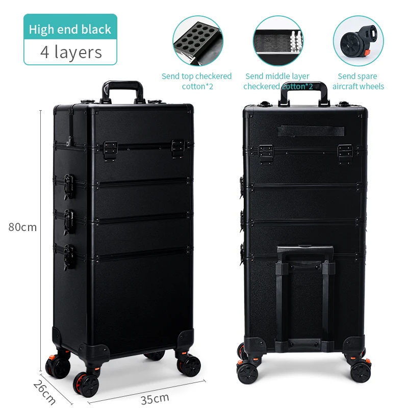 Mecucasi Make-up Trolley Mit Rollen – Aluminium-Kosmetikkoffer, 4 Schubladen, Groß, Schwarz, Für Salon & Reisen