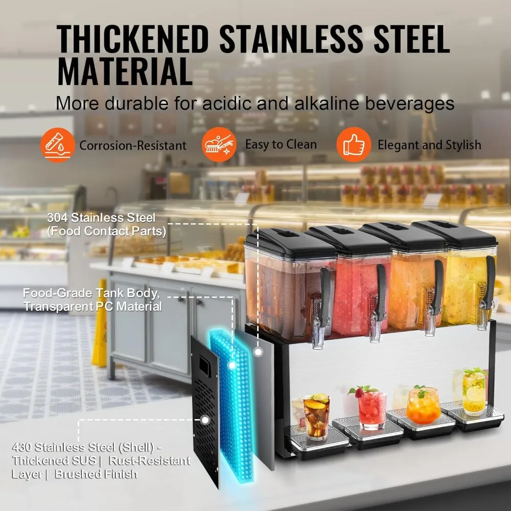 commercial beverage dispenser, 4 tanks 12 l / 12.7 qt per tank juice dispenser, 510w stainless steel ice tea drink machine with