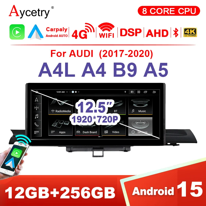 12,5'' Kabelloses Carplay Android 15 Auto-Radiobildschirm für Audi A4 B9 A5 2017-2020 Bluetooth 2 Din Autoradio Stereo Multimedia-Player GPS Google WIFI 4G LTE