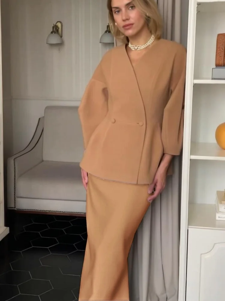 Wmstar Two Piece Set Wholesale 2025 Autumn New European American Foreign Trade Fashion Solid Color Button Puffed Sleeve Skirt