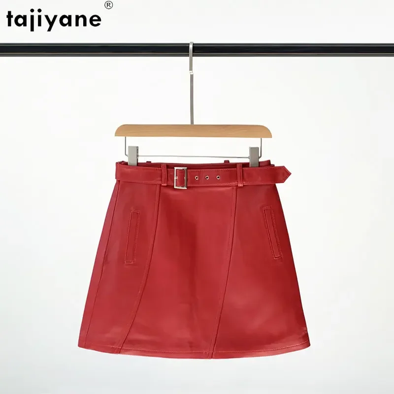 

Tajiyane Genuine Sheepskin Leather Skirts for Women High Waisted Skirt Short Skirts Korean Style Black A Line Skirt Tied Belt