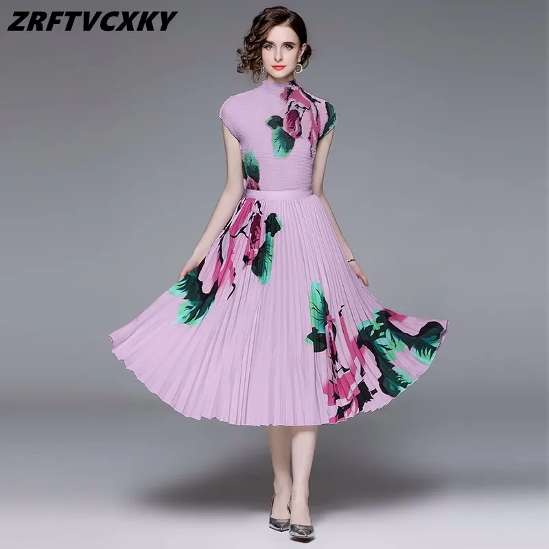 

Women Runway Two Piece Skirt Suit Sweet Flower Print Stretchy Pullovers Top + Pleated Midi Skirts Set Summer Casual Ladies Outfi