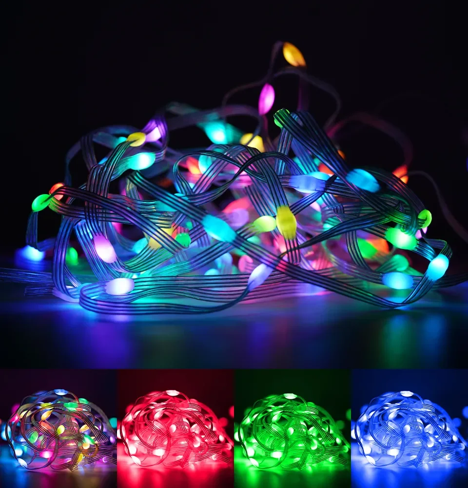 DC36V/DC48V 1008ct SK6812/WS2811 LED Pebble Seed Pixel String Light RGB Addressable Full Color IP67 Clear Wire