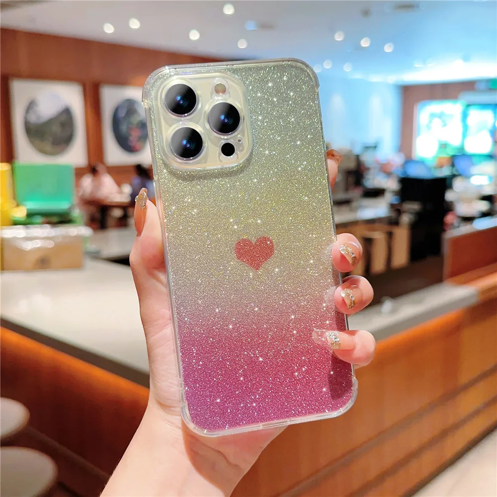 Glitter Love Heart Phone Case Shockproof Soft Gradient Cover_voghion.com