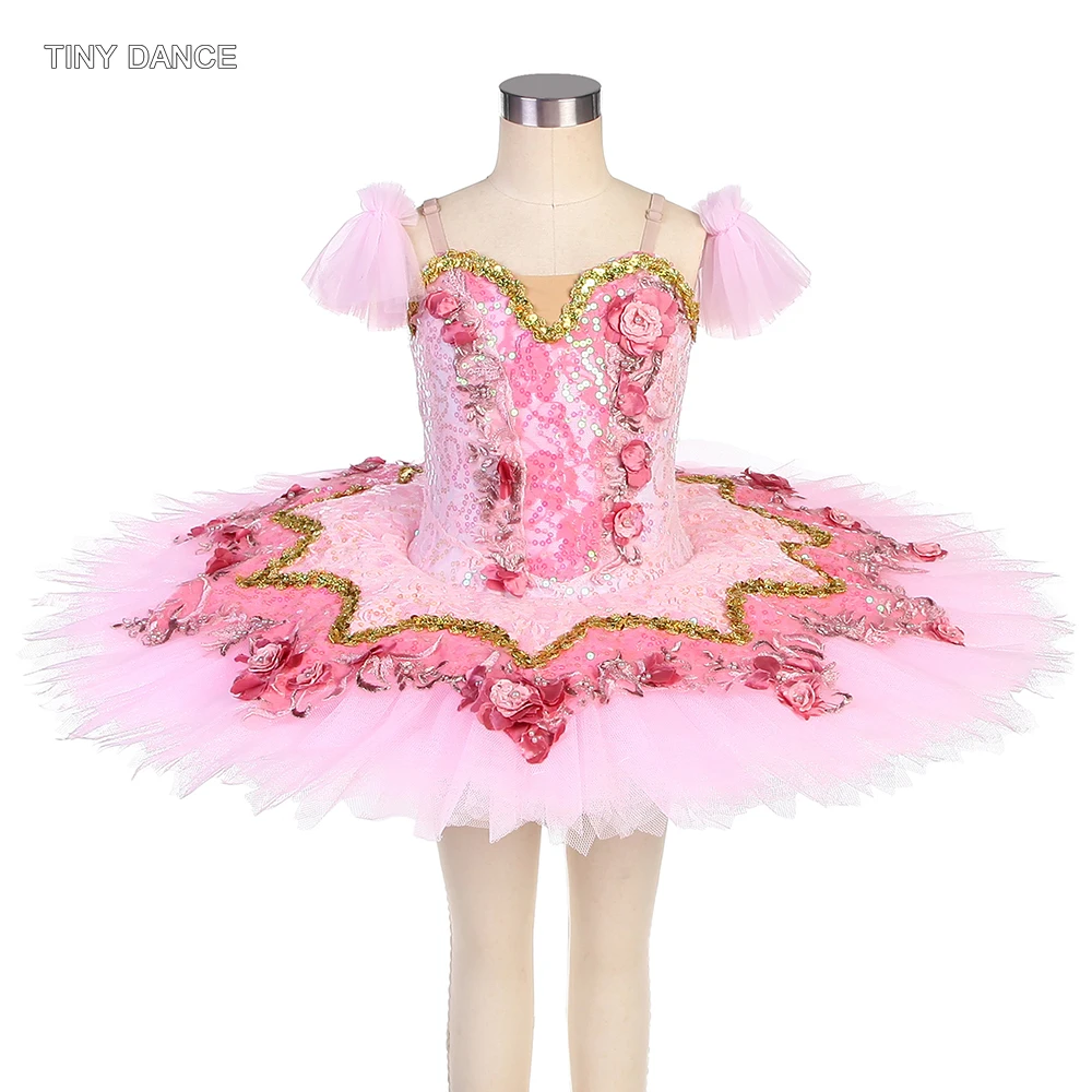 

Pink Professional Ballet Tutu Sequin Lace Top Bodice with Stiff Tulle Pancake Tutus for Grils Stage Competition Tutu BLL525