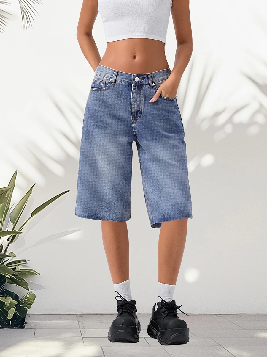 Women s Distressed Denim Bermuda Shorts with Frayed Hem and High Waist Casual Capri Jean Pants for Summer Beachwear and Travel