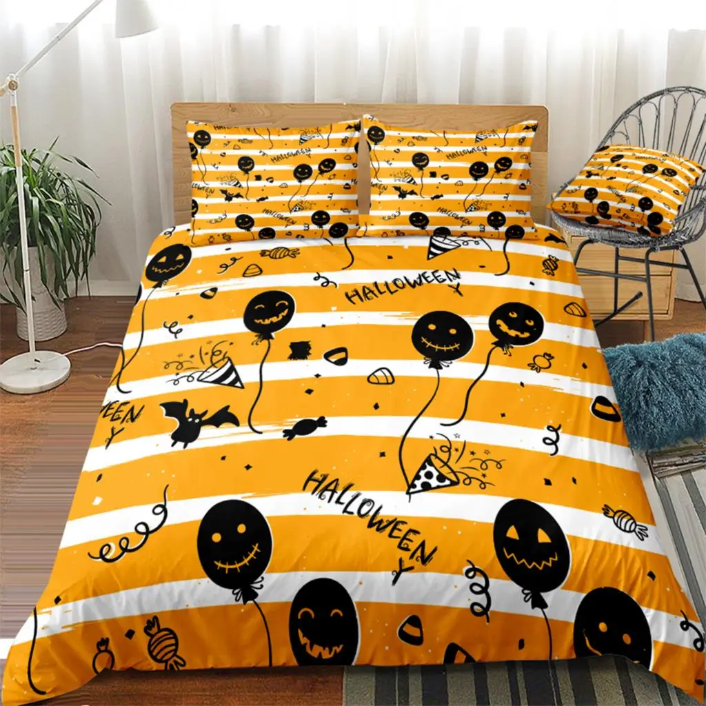 

Halloween Bedding Set Yellow Stripe Bat Duvet Cover Set Balloon Bets Set Cartoon Home Textiles Microfiber For Kids Boys Girls