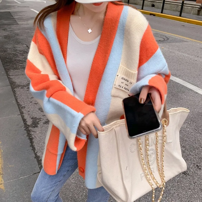 

Colorblock Knitted Cardigan Women V-neck Pocket Vintage 2023 Spring Autumn Jumper Outerwear Sweaters Y2k Sweater Jumpers Jacket