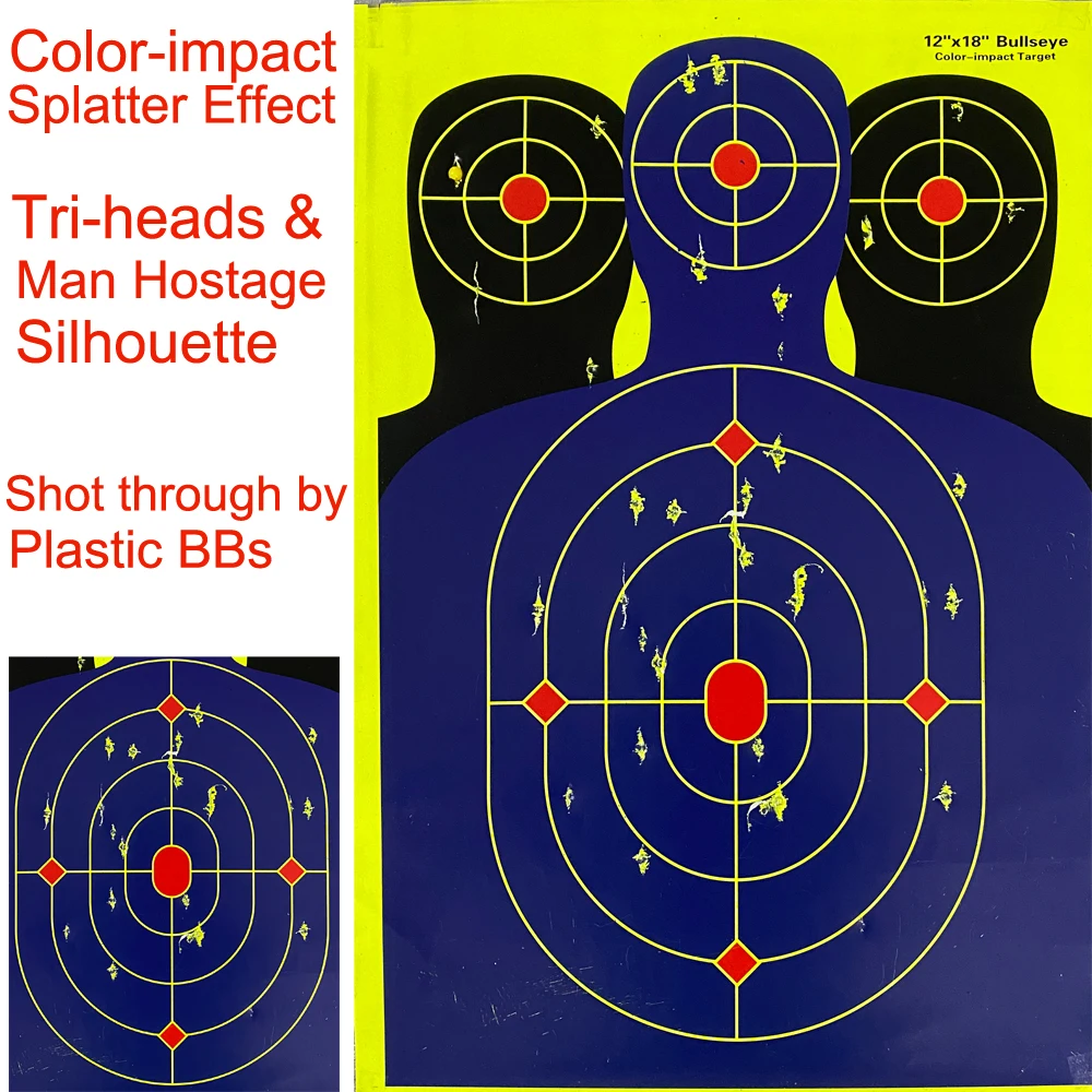 

12"X18" Self-Adhesive Splatter Splash & Reactive(Color Impact) Shooting Sticker Targets(Tri-heads Hostage Silhouette)-10Pcs