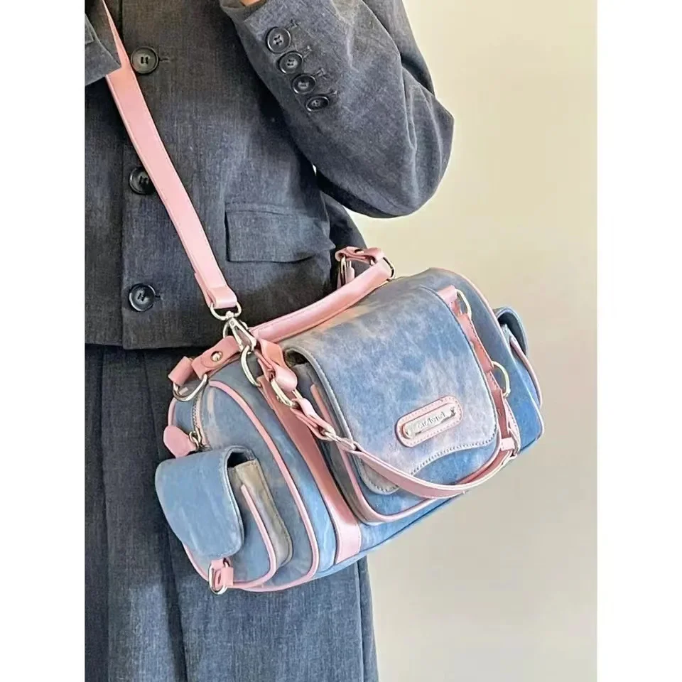 Women Blue Pink Top-handle Bag Large Capacity Girls Y2k Denim Boston Bag  Designer Crossbody Handbag Multi-pocket Tie-dyed Bags - AliExpress