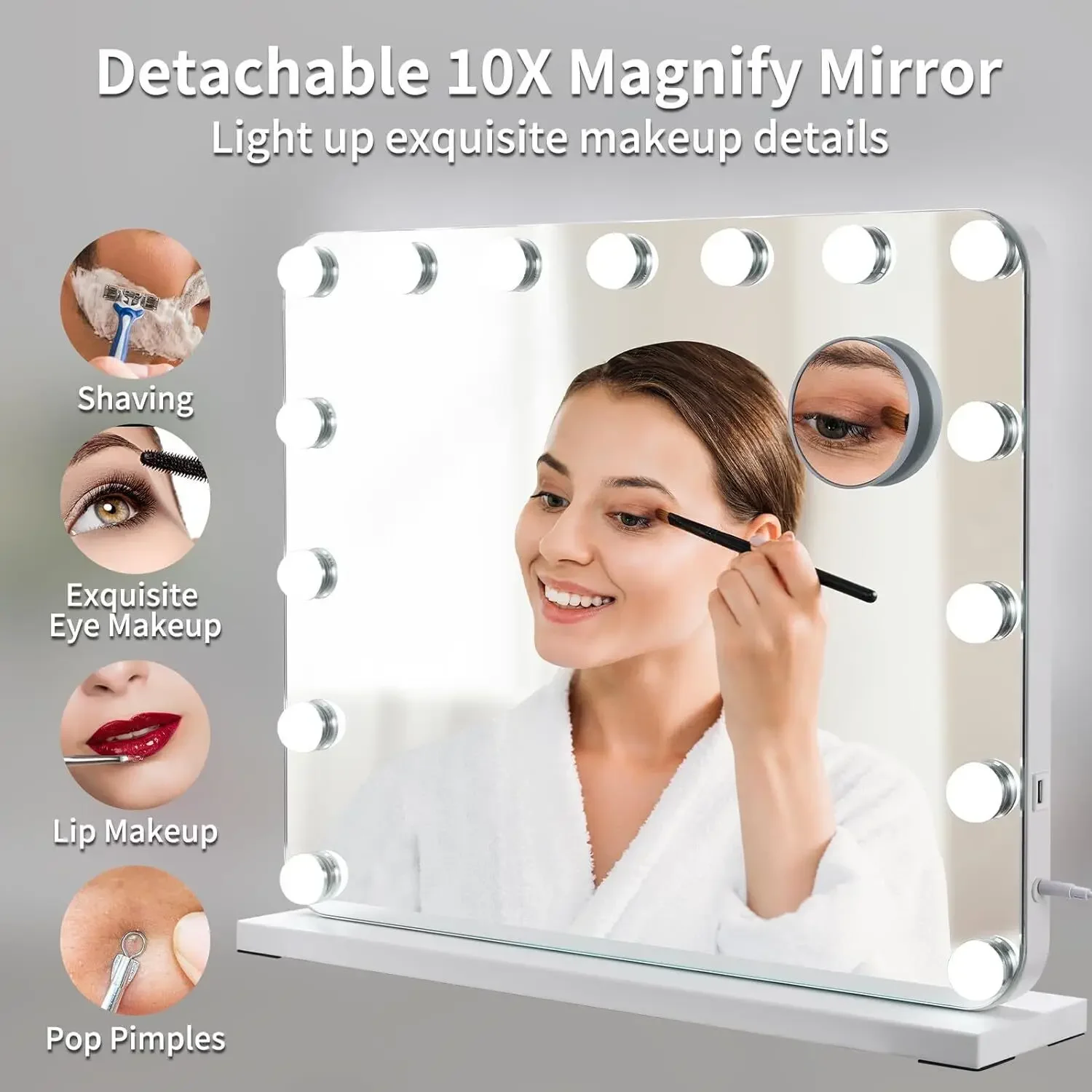 Makeup Hollywood Vanity Mirror with Lights 15 Dimmable LED Bulbs 3 Color Lighting Mirror Adjustable Brightness USB Charging Port 2
