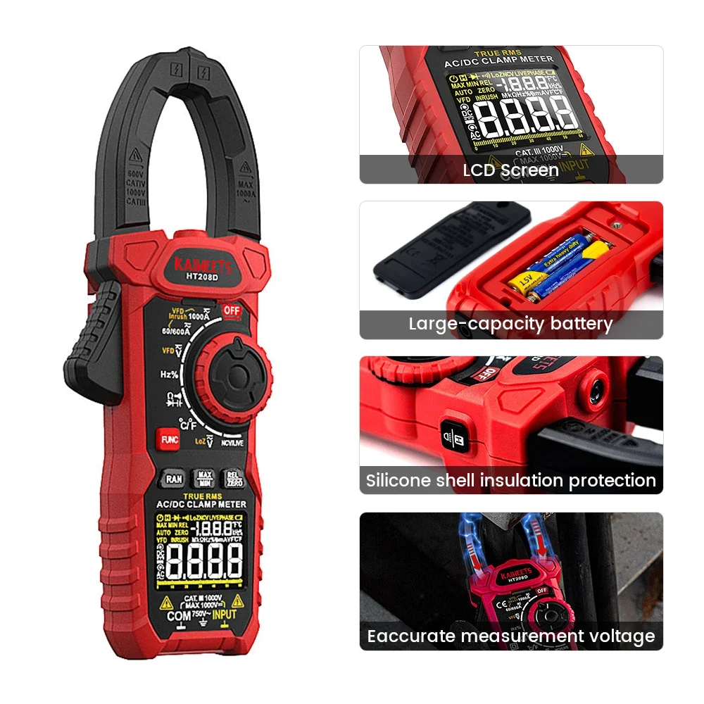 KAIWEETS HT208D Portable Handheld Digital Clamp Meter 6000 Counts AC/DC Voltage Current Capacitive Multimeter Tester