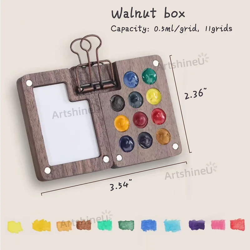 Portable Travel Mini Watercolor Set 0.5ml 11 Grids Walnut/Cherry Wood Box Brush Paper Pad Artist Student Supplies