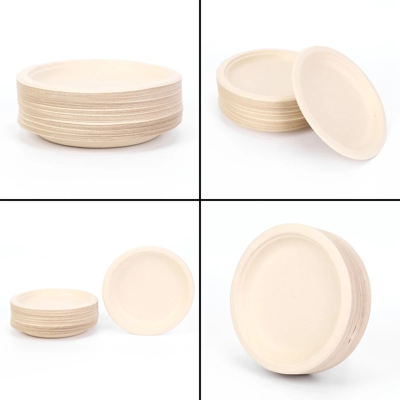 100 Pack 7In Compostable Disposable Round Bagasse Paper Plates,Biodegradable Sugarcane Fibre